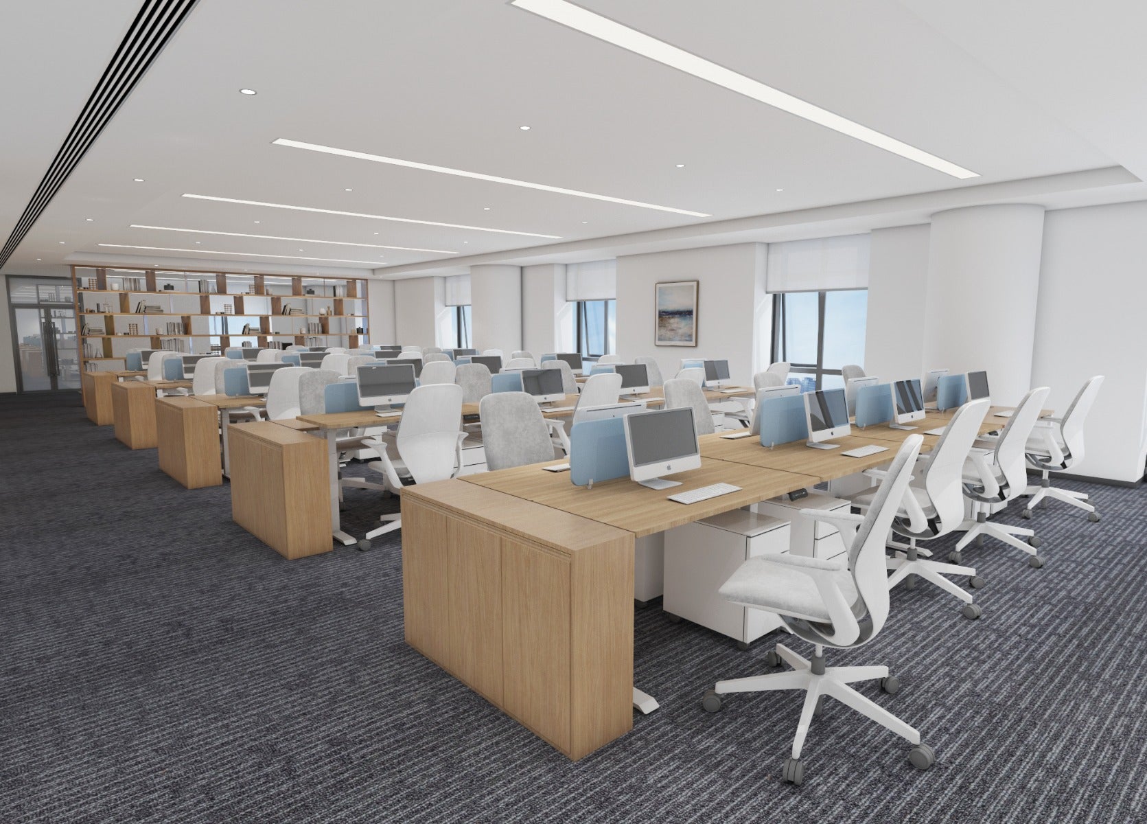 A set of adjustable desks in a corporate office